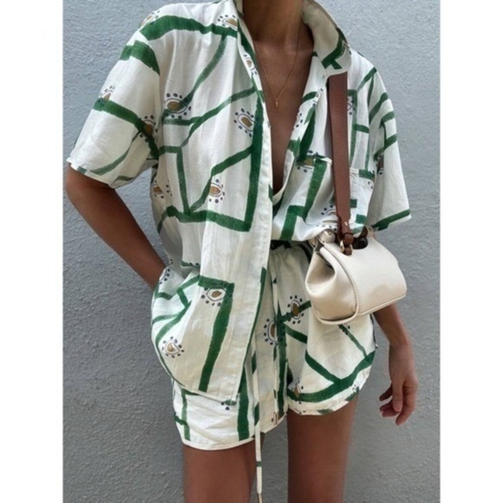 Commense Set Green Abstract Print Button Down Shirt & Drawstring Shorts M - Picture 4 of 16